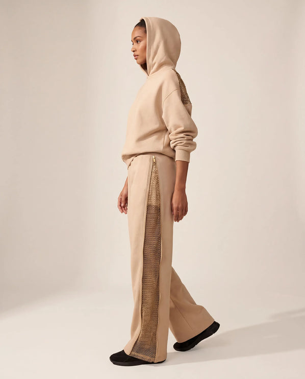 THE AURORA EMBELLISHED MESH PANEL HOODIE IN SOFT BEIGE