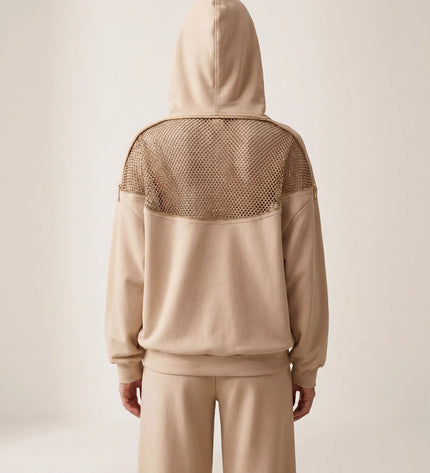 THE AURORA EMBELLISHED MESH PANEL HOODIE IN SOFT BEIGE