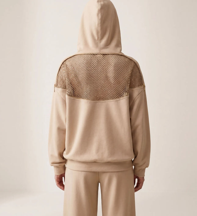 THE AURORA EMBELLISHED MESH PANEL HOODIE IN SOFT BEIGE