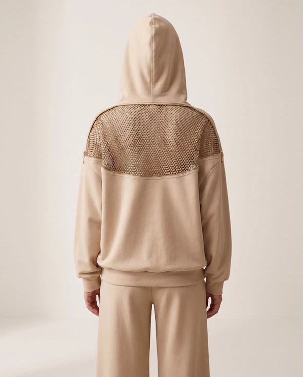 THE AURORA EMBELLISHED MESH PANEL HOODIE IN SOFT BEIGE