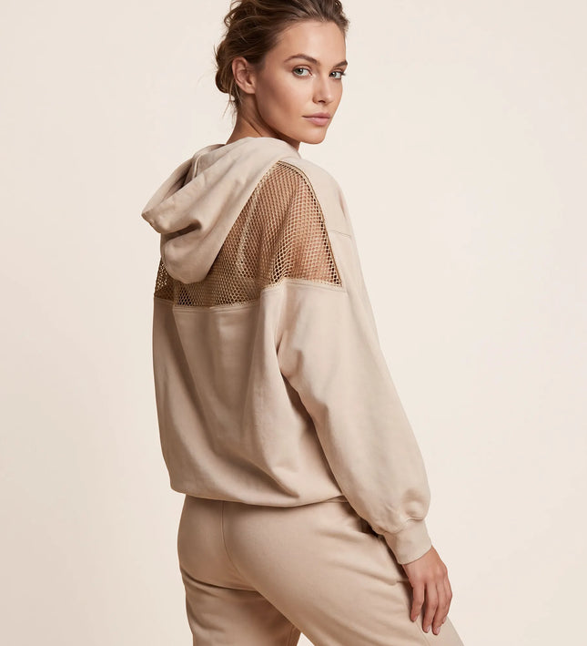 THE AURORA EMBELLISHED MESH PANEL HOODIE IN SOFT BEIGE