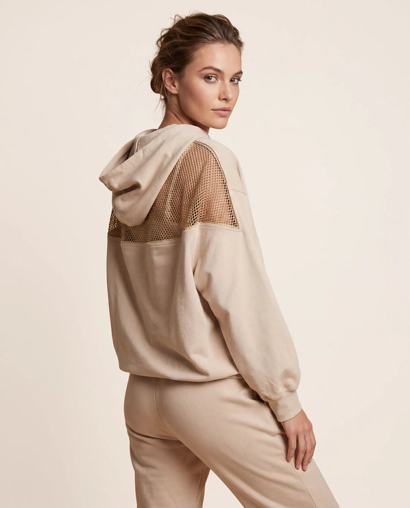 THE AURORA EMBELLISHED MESH PANEL HOODIE IN SOFT BEIGE