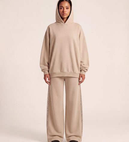 THE AURORA EMBELLISHED MESH PANEL HOODIE IN SOFT BEIGE