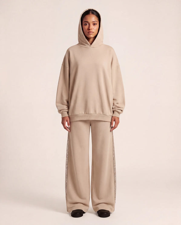 THE AURORA EMBELLISHED MESH PANEL HOODIE IN SOFT BEIGE