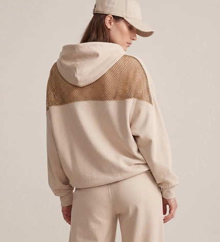 THE AURORA EMBELLISHED MESH PANEL HOODIE IN SOFT BEIGE