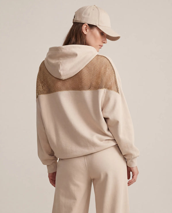 THE AURORA EMBELLISHED MESH PANEL HOODIE IN SOFT BEIGE