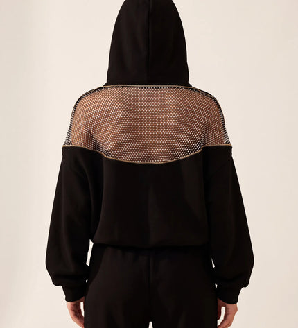 THE AURORA EMBELLISHED MESH PANEL HOODIE IN BLACK