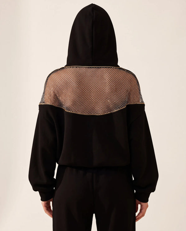 THE AURORA EMBELLISHED MESH PANEL HOODIE IN BLACK