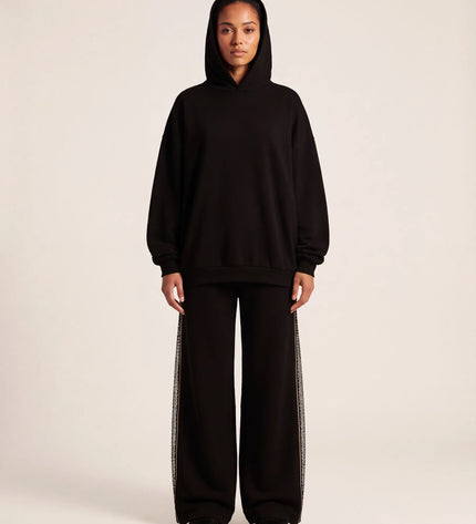 THE AURORA EMBELLISHED MESH PANEL HOODIE IN BLACK