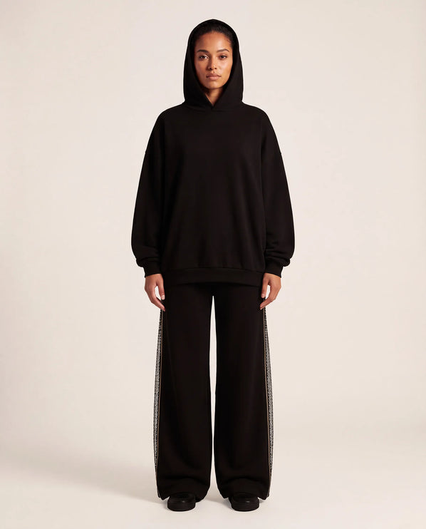 THE AURORA EMBELLISHED MESH PANEL HOODIE IN BLACK