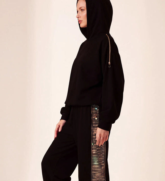 THE AURORA EMBELLISHED MESH PANEL HOODIE IN BLACK