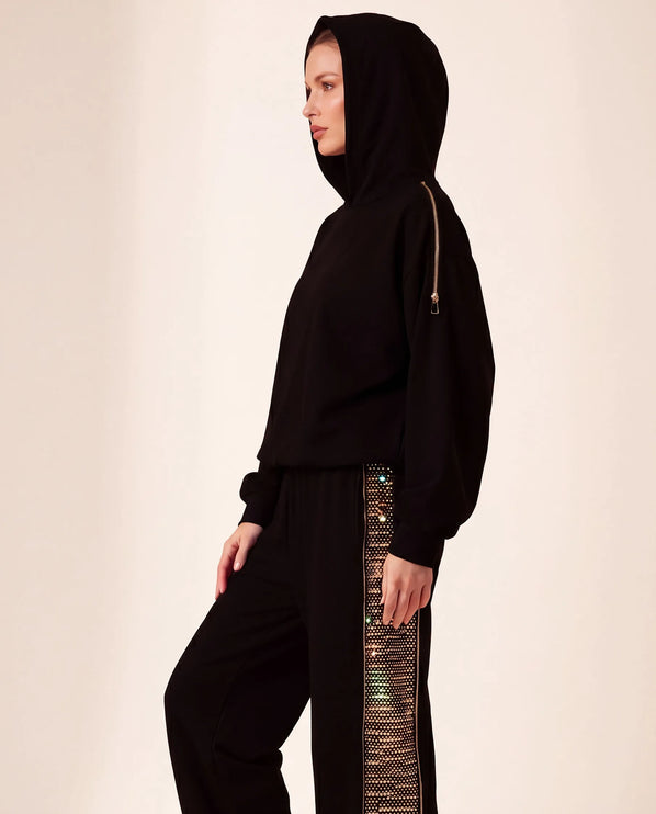 THE AURORA EMBELLISHED MESH PANEL HOODIE IN BLACK