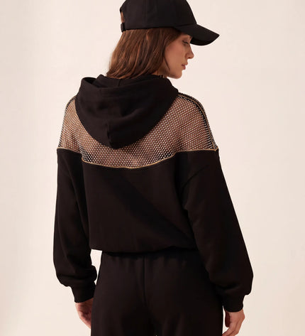 THE AURORA EMBELLISHED MESH PANEL HOODIE IN BLACK
