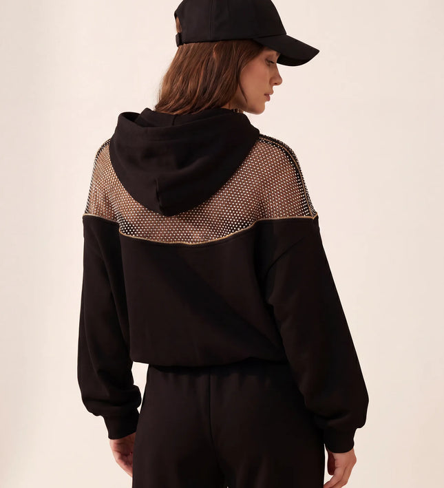 THE AURORA EMBELLISHED MESH PANEL HOODIE IN BLACK
