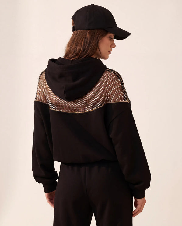 THE AURORA EMBELLISHED MESH PANEL HOODIE IN BLACK
