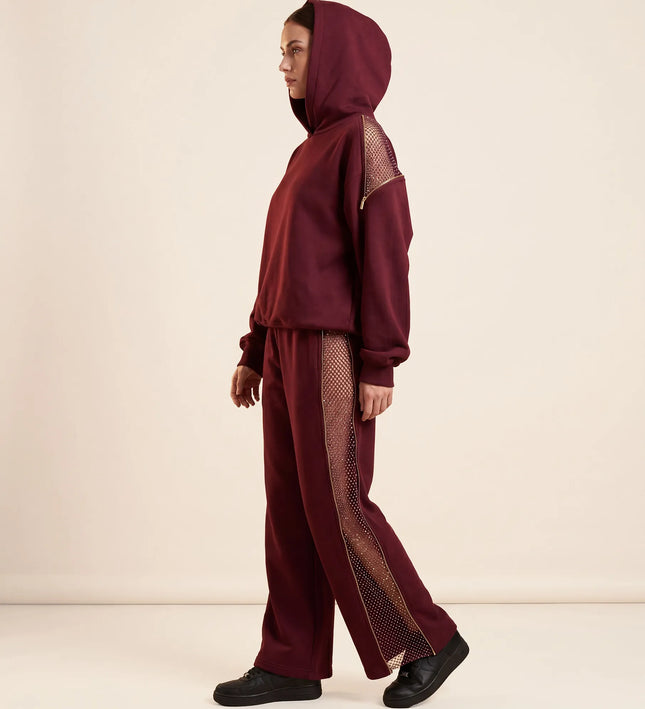 THE AURORA EMBELLISHED MESH PANEL HOODIE IN BURGUNDY