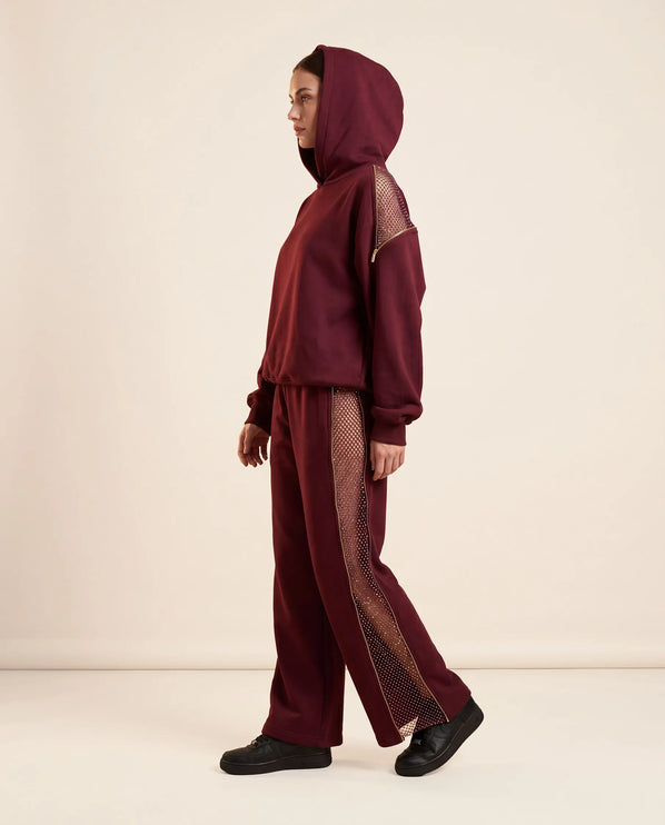 THE AURORA EMBELLISHED MESH PANEL HOODIE IN BURGUNDY