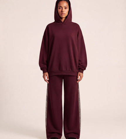 THE AURORA EMBELLISHED MESH PANEL HOODIE IN BURGUNDY