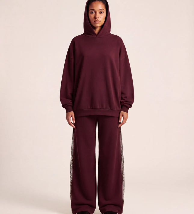 THE AURORA EMBELLISHED MESH PANEL HOODIE IN BURGUNDY