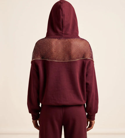THE AURORA EMBELLISHED MESH PANEL HOODIE IN BURGUNDY