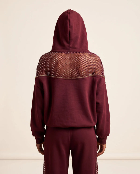 THE AURORA EMBELLISHED MESH PANEL HOODIE IN BURGUNDY