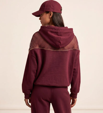 THE AURORA EMBELLISHED MESH PANEL HOODIE IN BURGUNDY