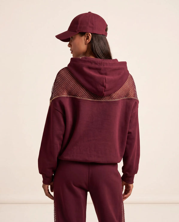 THE AURORA EMBELLISHED MESH PANEL HOODIE IN BURGUNDY