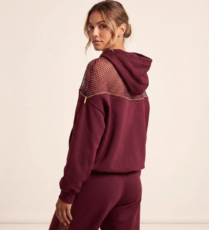 THE AURORA EMBELLISHED MESH PANEL HOODIE IN BURGUNDY