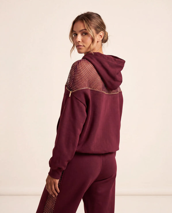 THE AURORA EMBELLISHED MESH PANEL HOODIE IN BURGUNDY