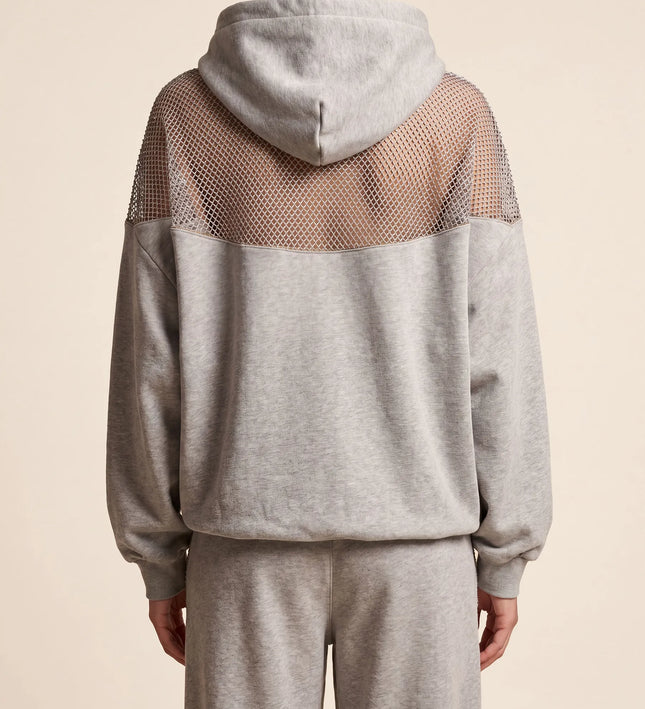 THE AURORA EMBELLISHED MESH PANEL HOODIE IN SOFT GREY