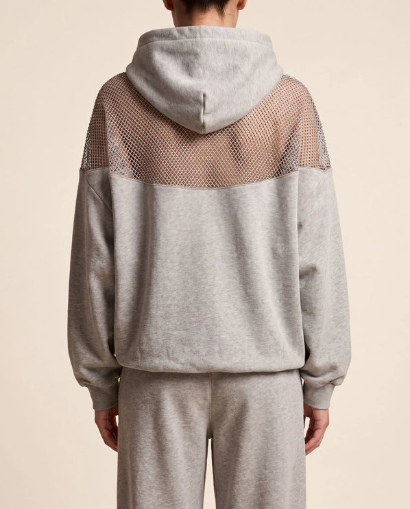 THE AURORA EMBELLISHED MESH PANEL HOODIE IN SOFT GREY