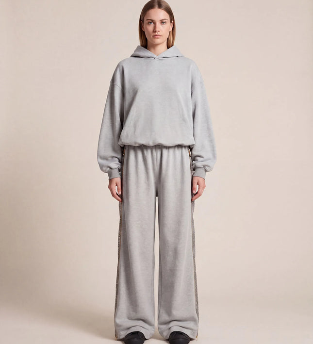 THE AURORA EMBELLISHED MESH PANEL HOODIE IN SOFT GREY