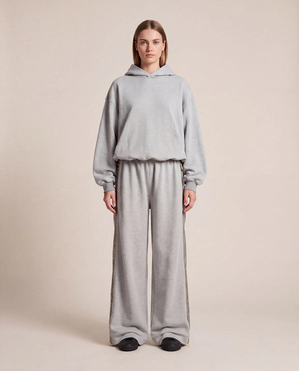 THE AURORA EMBELLISHED MESH PANEL HOODIE IN SOFT GREY
