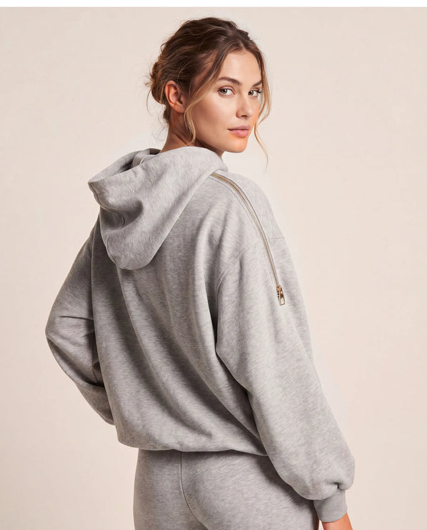 THE AURORA EMBELLISHED MESH PANEL HOODIE IN SOFT GREY