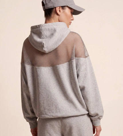 THE AURORA EMBELLISHED MESH PANEL HOODIE IN SOFT GREY