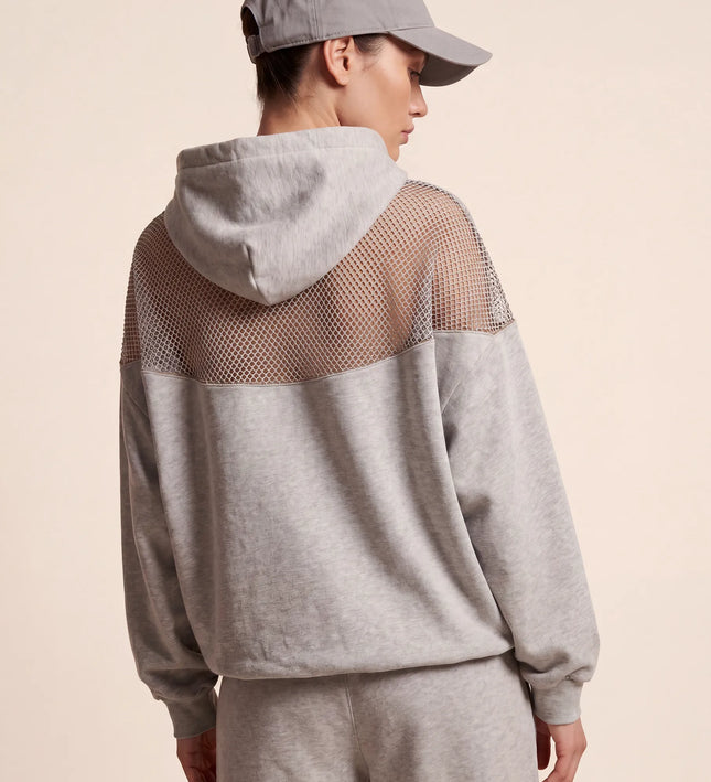 THE AURORA EMBELLISHED MESH PANEL HOODIE IN SOFT GREY