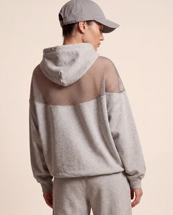 THE AURORA EMBELLISHED MESH PANEL HOODIE IN SOFT GREY