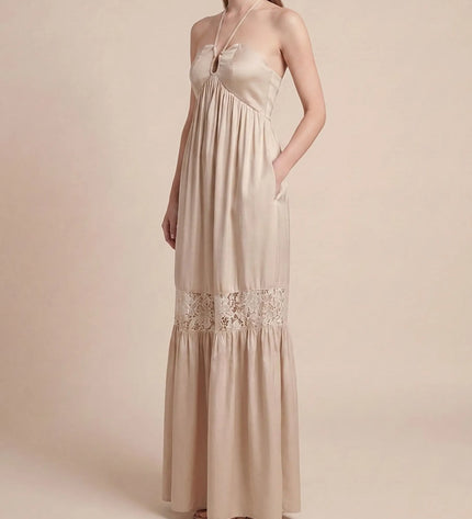 THE CALISTA LACE PANEL MAXI DRESS IN SOFT TAUPE