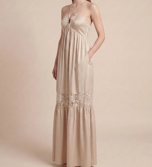 THE CALISTA LACE PANEL MAXI DRESS IN SOFT TAUPE
