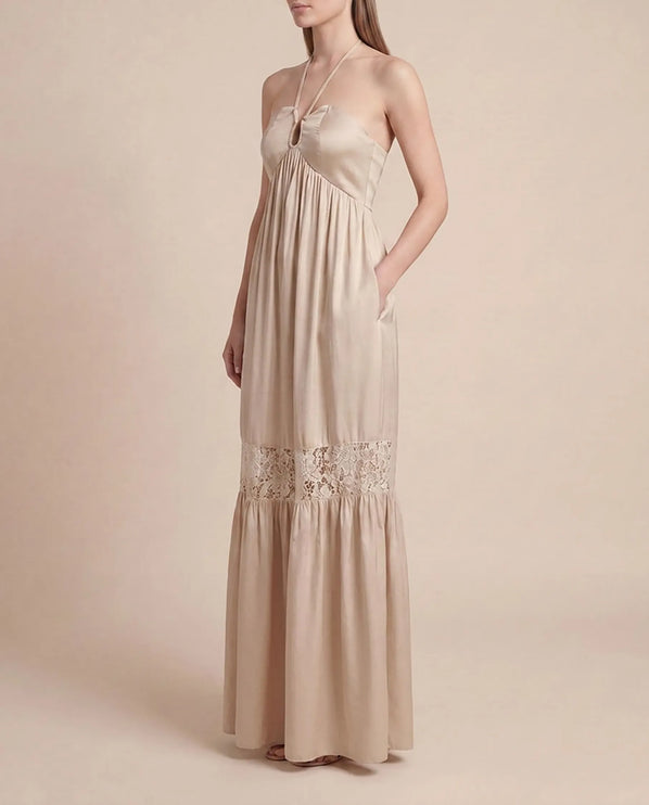 THE CALISTA LACE PANEL MAXI DRESS IN SOFT TAUPE