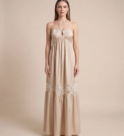THE CALISTA LACE PANEL MAXI DRESS IN SOFT TAUPE