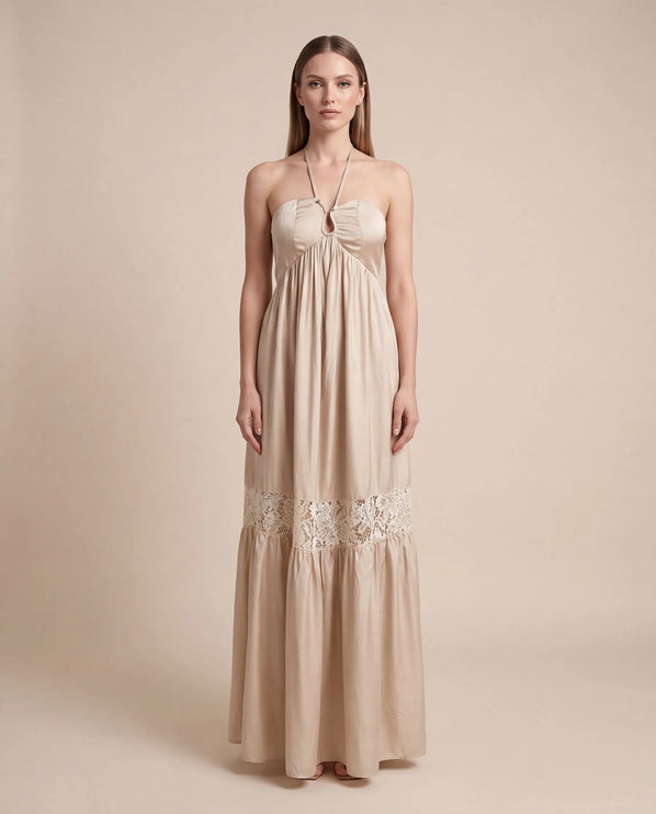 THE CALISTA LACE PANEL MAXI DRESS IN SOFT TAUPE