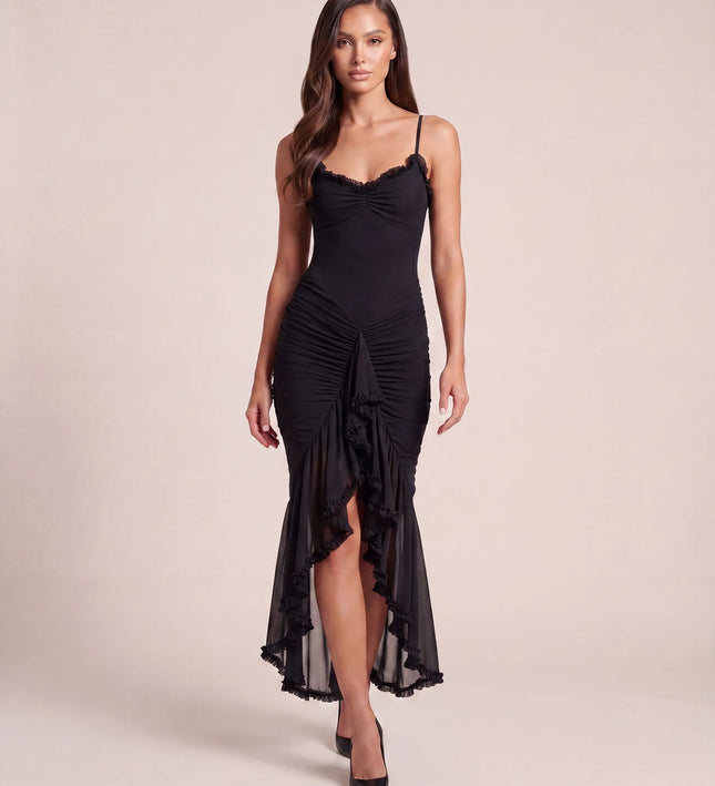 THE VALENZA RUCHED MESH MIDI DRESS IN MIDNIGHT BLACK