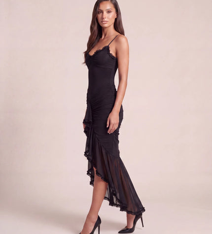 THE VALENZA RUCHED MESH MIDI DRESS IN MIDNIGHT BLACK