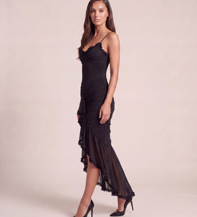 THE VALENZA RUCHED MESH MIDI DRESS IN MIDNIGHT BLACK