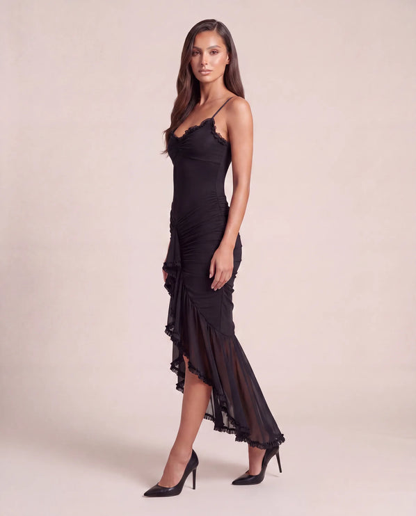 THE VALENZA RUCHED MESH MIDI DRESS IN MIDNIGHT BLACK