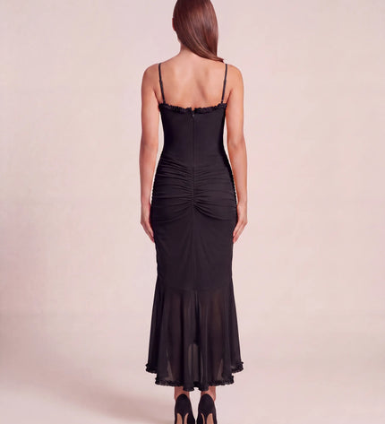 THE VALENZA RUCHED MESH MIDI DRESS IN MIDNIGHT BLACK