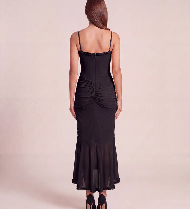 THE VALENZA RUCHED MESH MIDI DRESS IN MIDNIGHT BLACK