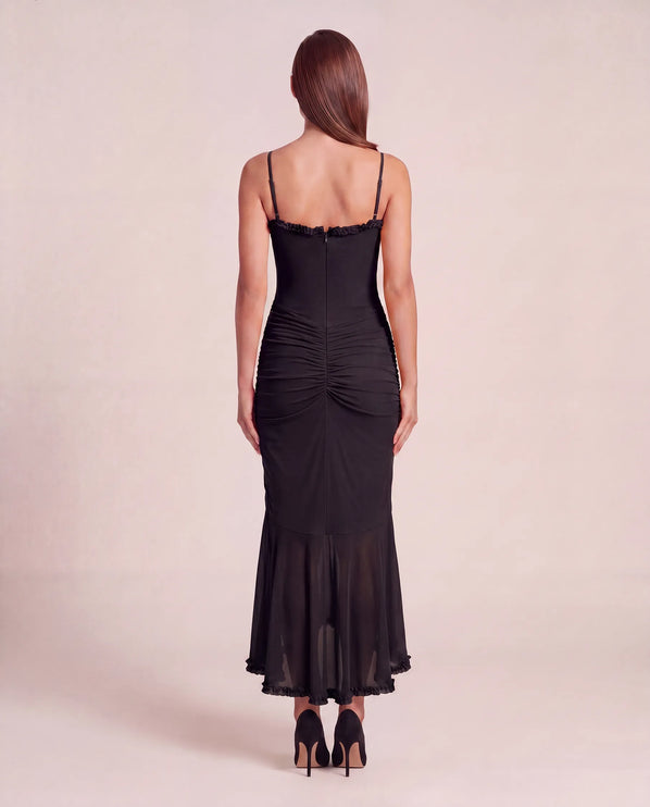 THE VALENZA RUCHED MESH MIDI DRESS IN MIDNIGHT BLACK