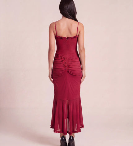 THE VALENZA RUCHED MESH MIDI DRESS IN CRIMSON ROSE